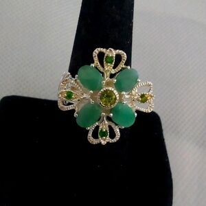 Beautiful natural Zambian emerald custom made fine silver cocktail ring Size7.5
